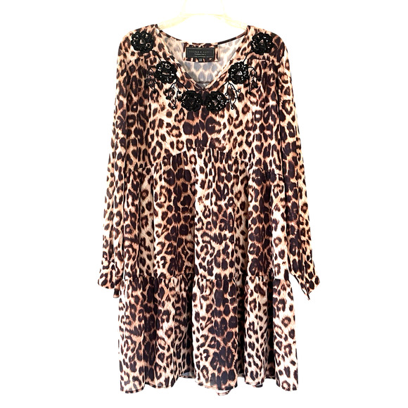 DOUBLE D RANCH Size 1X Brown Animal Print Pullover Long Sleeve Babydoll Dress - Picture 1 of 10